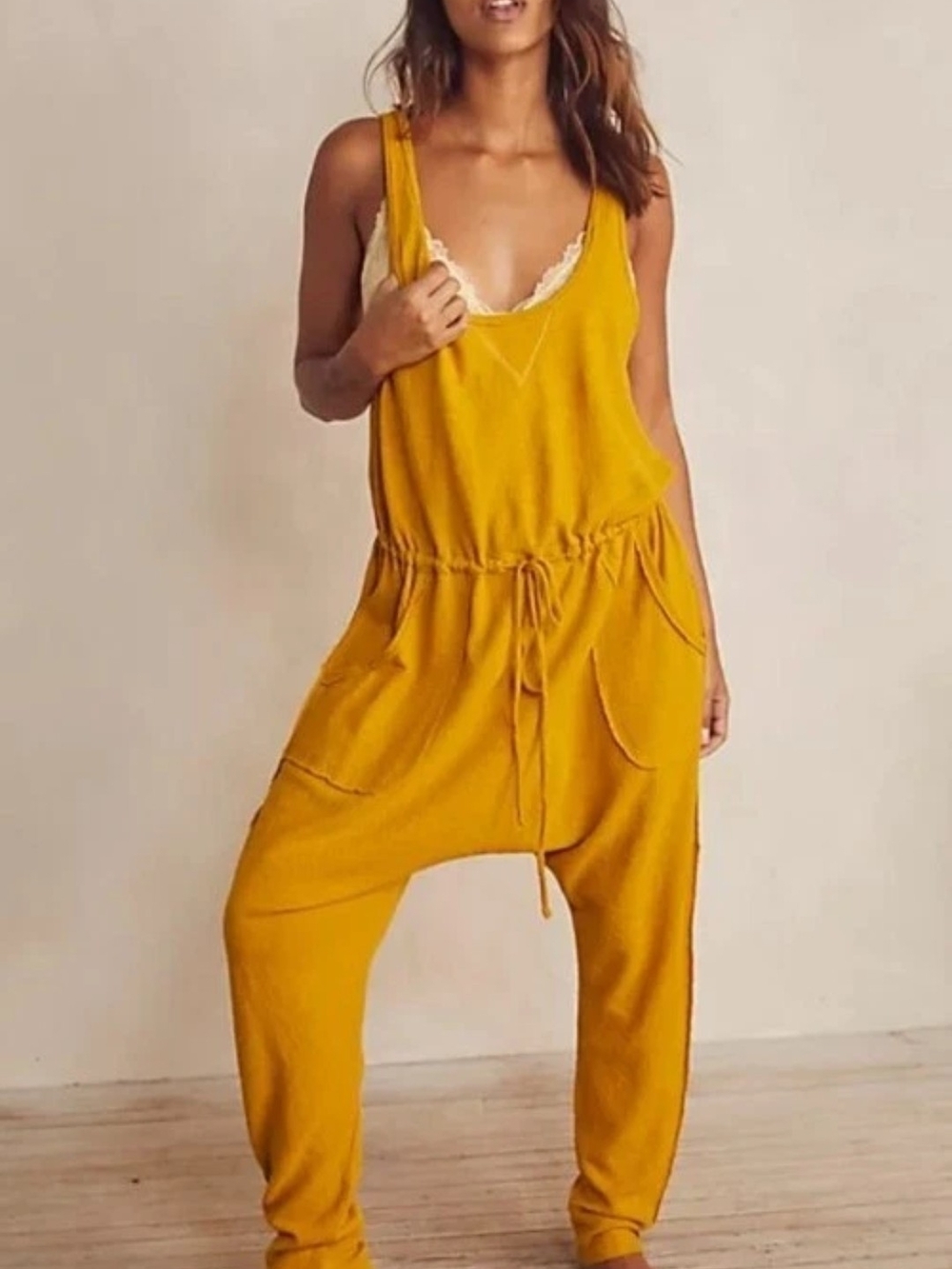 Free People NWT Intimately On A Cloud Mustard Drop-Crotch Jumpsuit Romper M